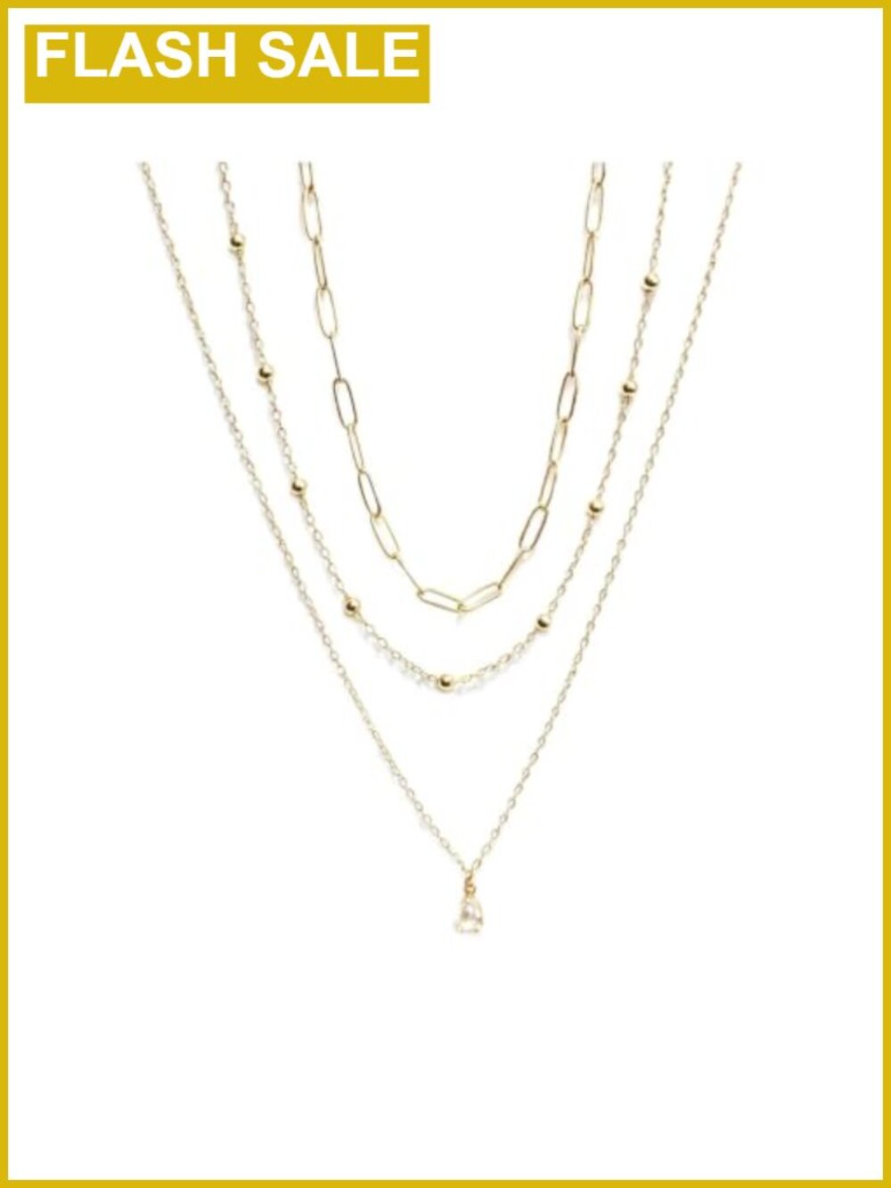 14K Gold Layered Necklace Set 3-Piece Paperclip Beaded CZ